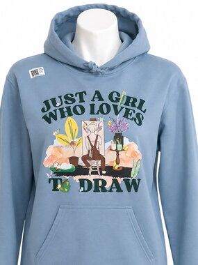 NWT unisex small blue hoodie sweatshirt Just a Girl Who Loves to Draw Artists